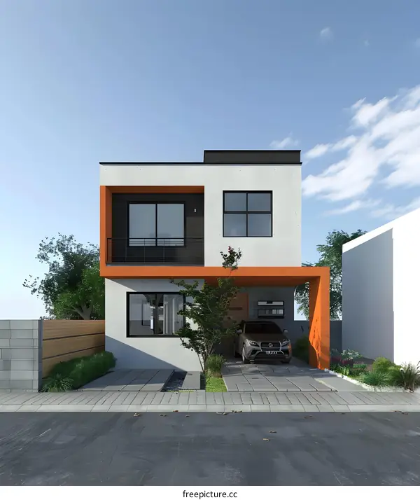 Modern House Design with Orange Accents and Green Plants