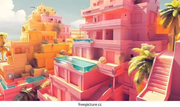 3D Illustration of Pink and Yellow Buildings With Palm Trees and Pools