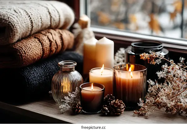 Cozy Autumnal Windowsill Display with Candles and Knitwear