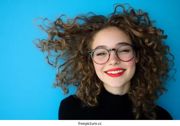 Smiling Woman with Curly Hair and Glasses Against a Blue Background