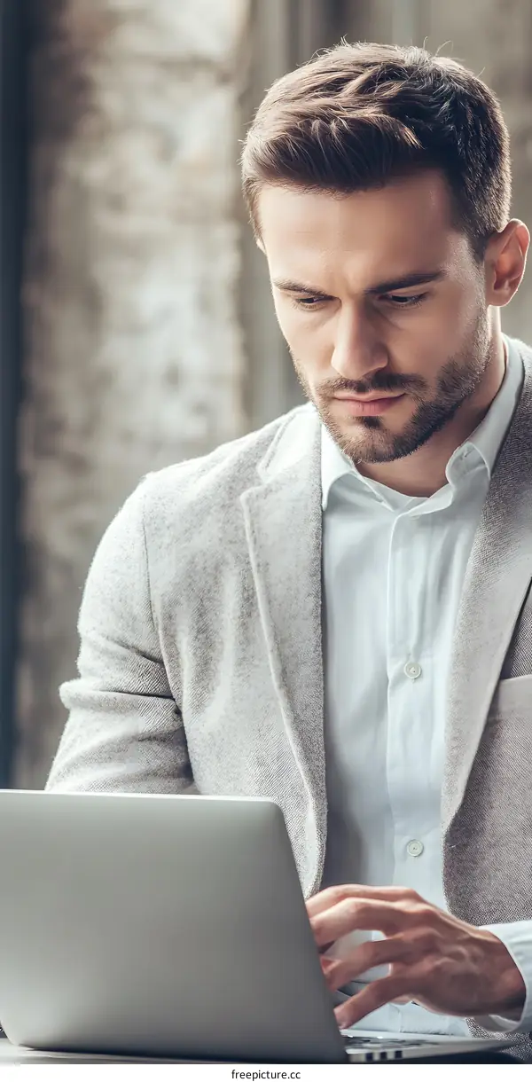 Handsome Businessman Working on Laptop in Modern Office