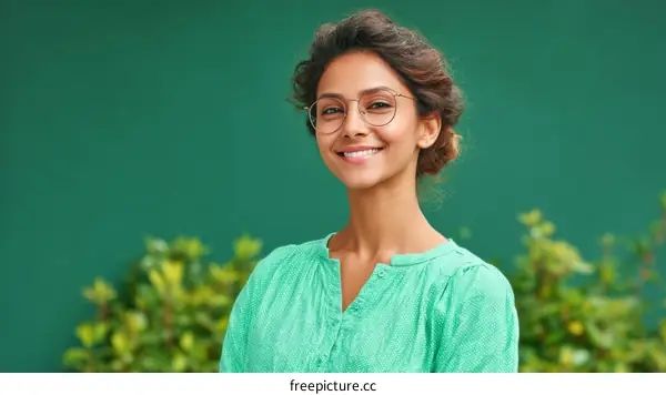 Smiling Woman in a Green Top Outdoors
