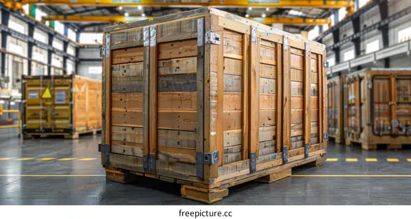 Large wooden crate in a warehouse
