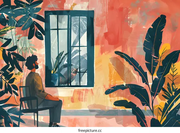 Man Sitting by Window with Plants in an Abstract Room Illustration