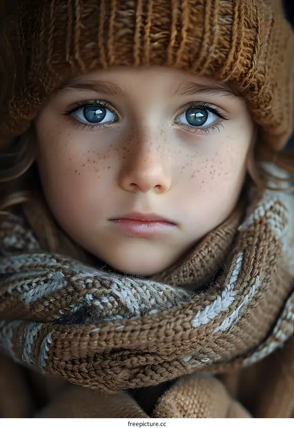 Portrait of a young girl with blue eyes and freckles wearing a brown hat and scarf