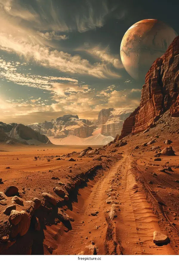 A Martian Road Under a Giant Moon