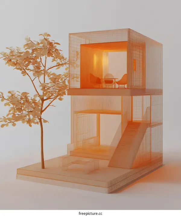 Wireframe Model of a Modern Two Story House with a Tree