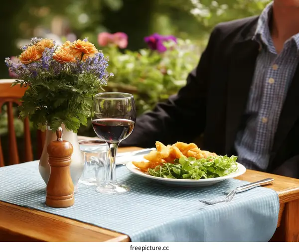Outdoor Restaurant Meal with Wine and Flowers