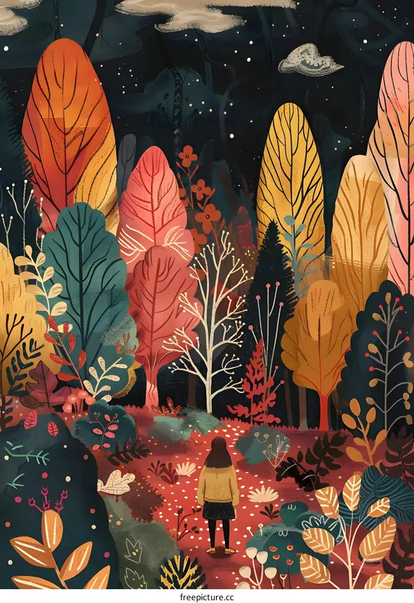 Girl in Colorful Forest Illustration