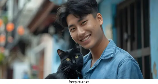 A young man is smiling while holding a black cat in his arms.