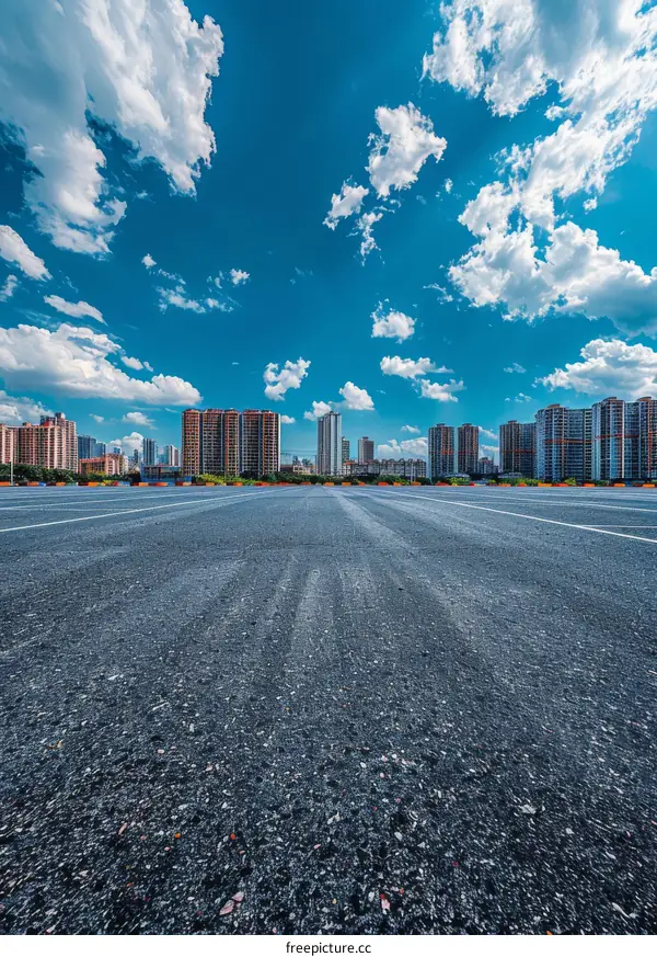 Empty Parking Lot with City Skyline in the Background