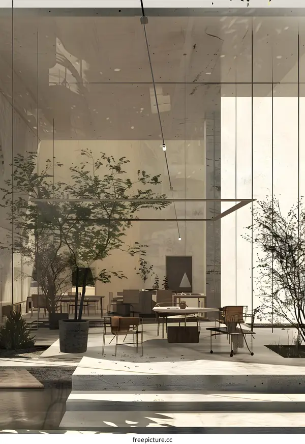 Modern Minimalist Interior Design with Glass Walls and Plants