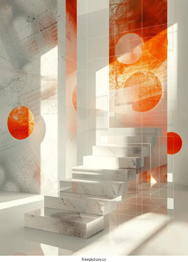 White and Orange Abstract Geometric Shapes and Staircase