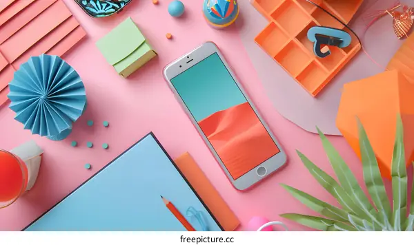 Flat Lay Phone with Colorful Objects and Green Plant on Pink Background