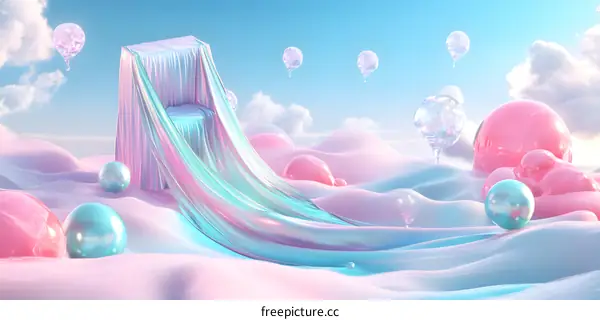 Abstract 3D Illustration of a Dreamy Landscape with Balloons and a Chair