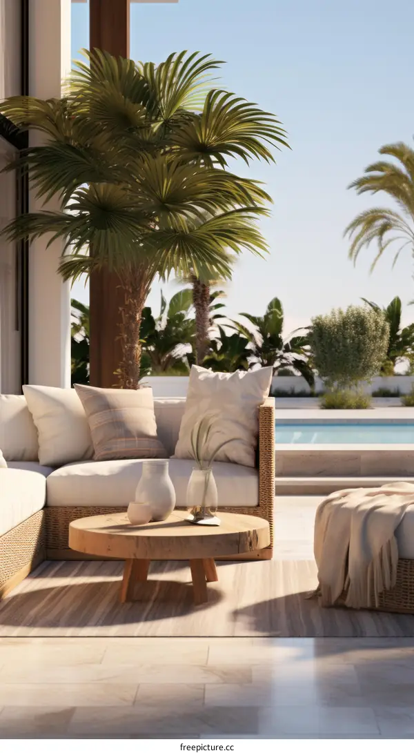 Modern luxury house with swimming pool and palm trees