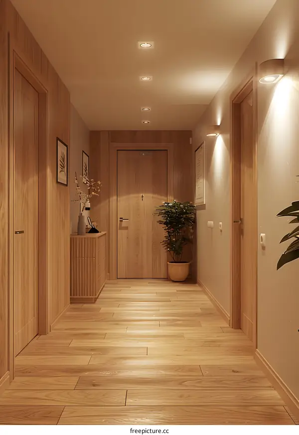 Wooden plank wall and floor in home interior design with 3 doors