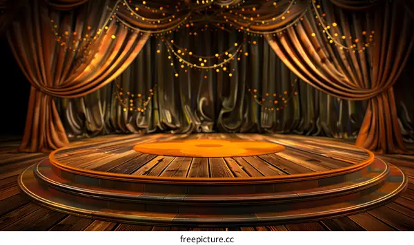 Rustic Wooden Stage with Orange Curtains and Lights