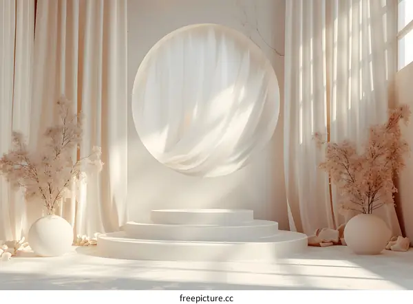 3D rendering of a room with a podium, plants, and a large round window