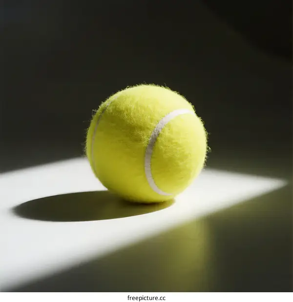 A bright yellow tennis ball with white stripes on a white surface