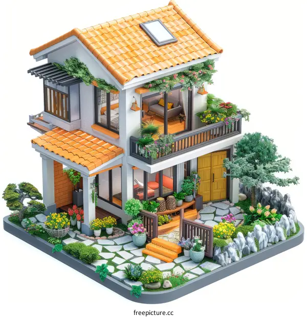 A beautiful two-story house with a garden