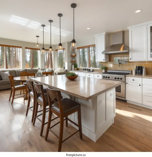 Open concept kitchen with large island and seating