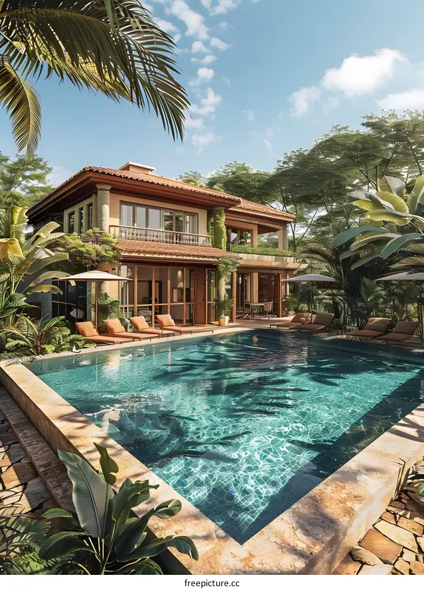 The tropical villa has a large swimming pool