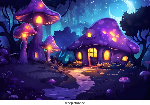 Fantasy Mushroom House at Night in Forest