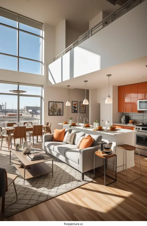 An illustration of a modern living room with a large window, a couch, and a dining table