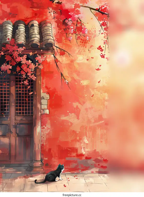 A black cat sitting under a cherry blossom tree