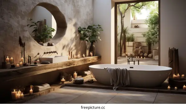 Opulent Bathroom with Stone Wall and Luxurious Bathtub