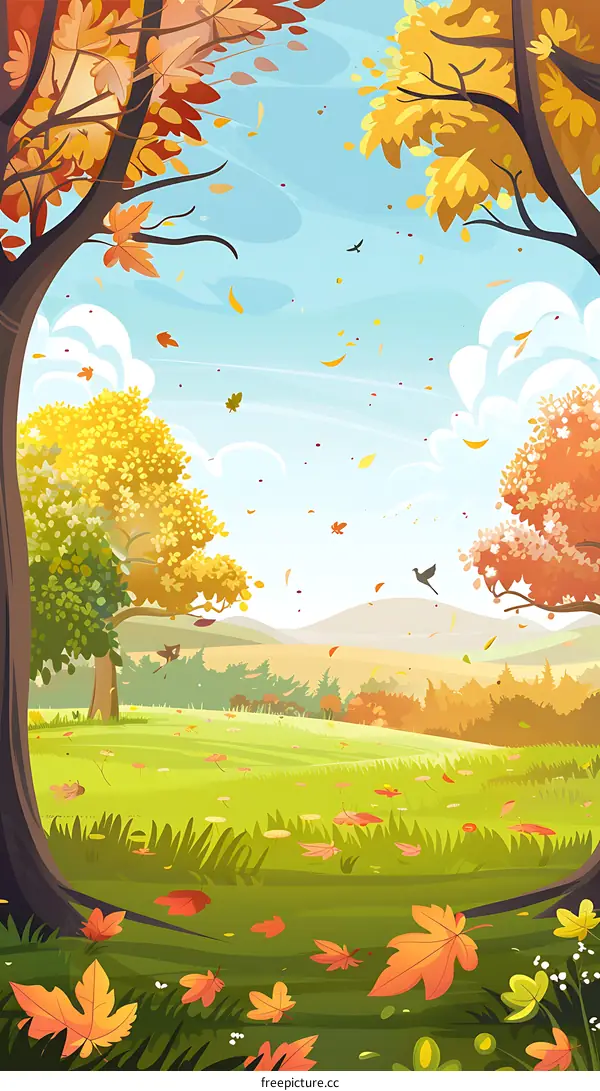 Autumn Landscape Illustration with Falling Leaves and Trees