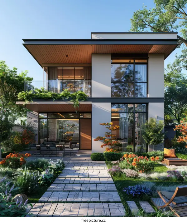 A modern two-story house with a beautiful garden