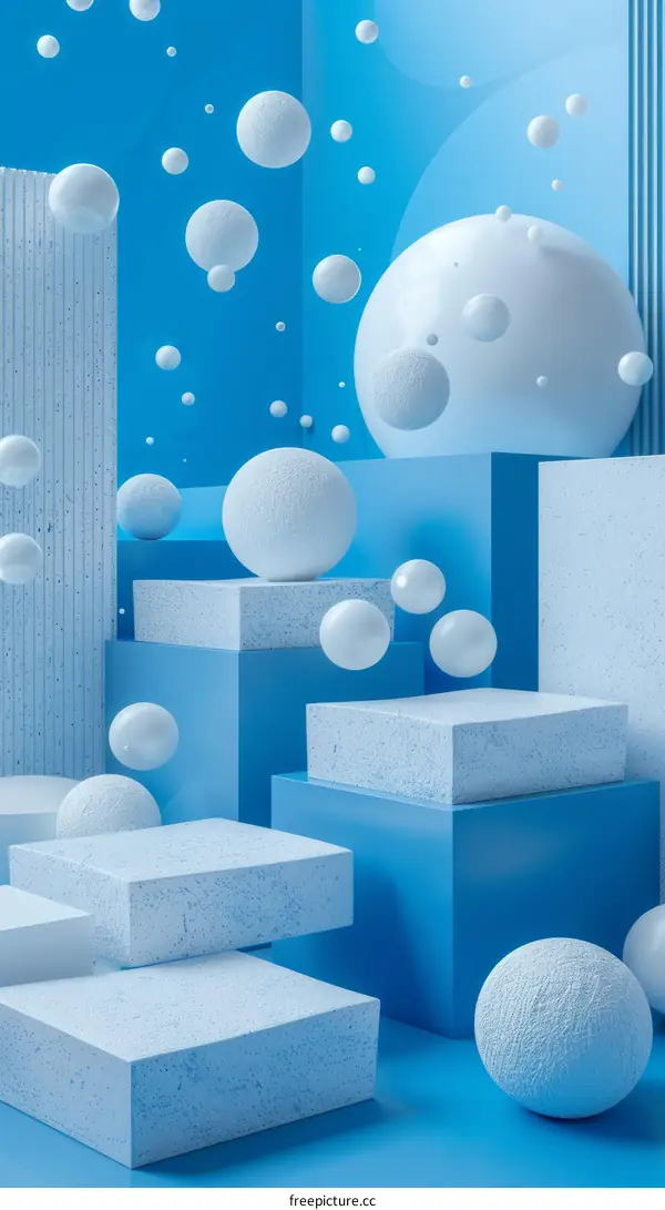 Abstract Blue Podiums with Floating Spheres