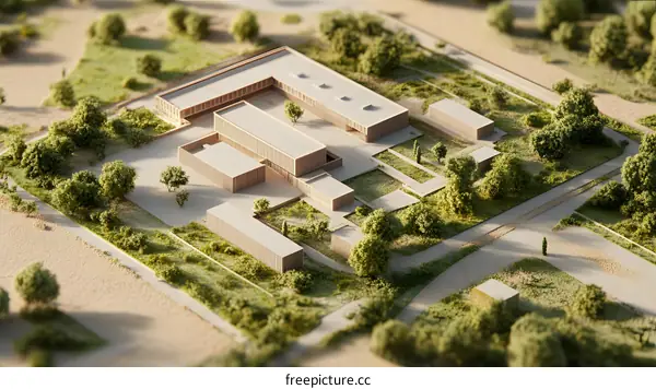 Architectural Model of Modern Building with Trees and Grass