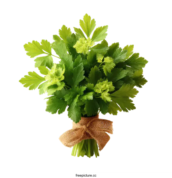 [Transparent Background PNG]Fresh Parsley Bunch Tied with Burlap Ribbon
