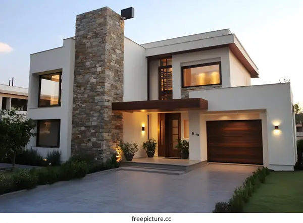 Modern Minimalist Home Exterior Design with Stone Wall and Wood Accents