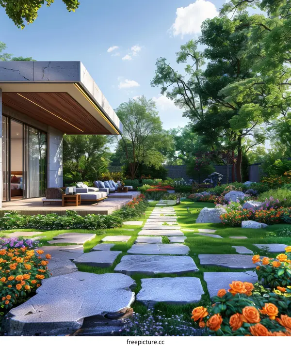 Serene Japanese Courtyard with Stepping Stones