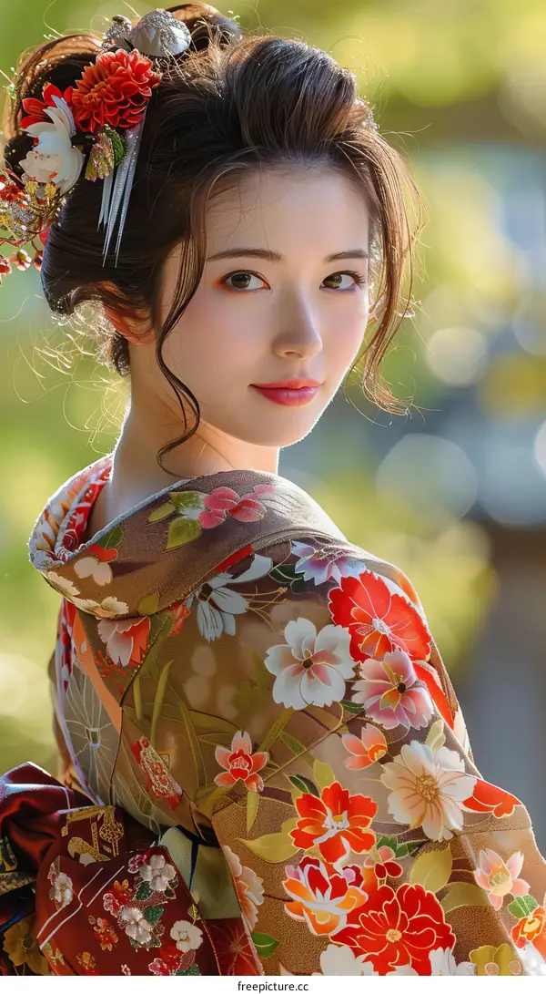 Portrait of a beautiful Japanese woman in traditional kimono