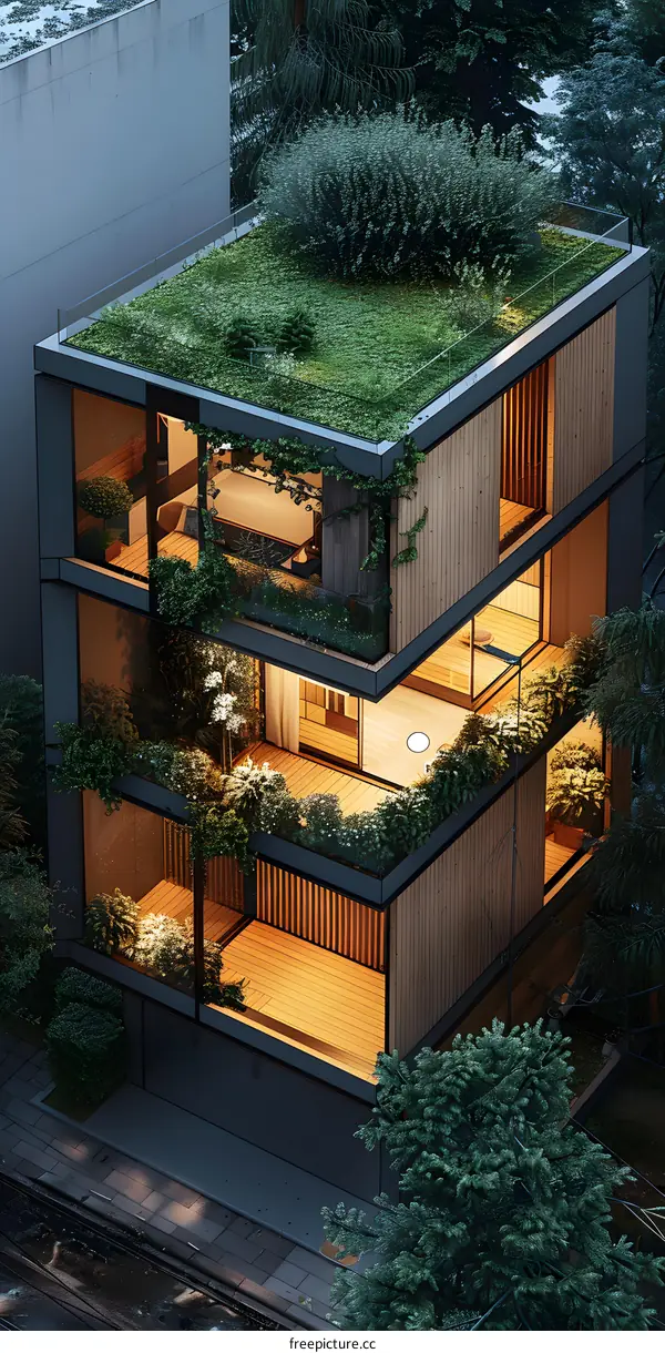 Modern Green Rooftop Home with Wooden Facade