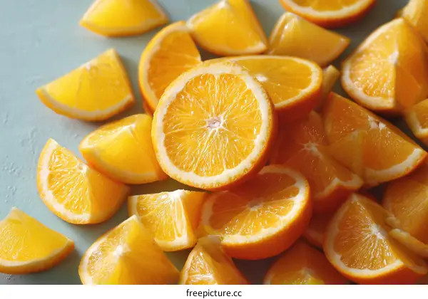 Freshly Sliced Oranges on a Light Teal Surface