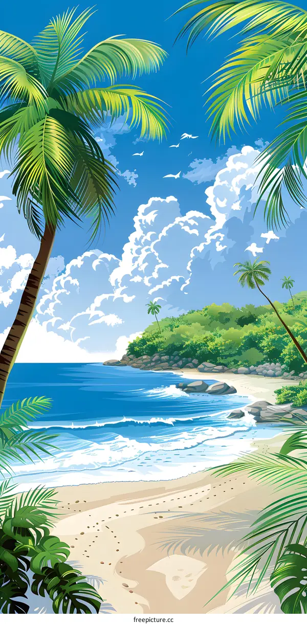 Tropical Beach Scene with Palm Trees and Ocean