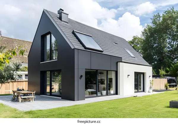 Modern Black and White House with Large Windows and Deck