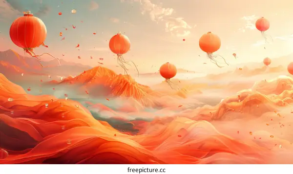 Red Lanterns Floating Over Orange Hills