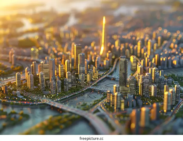A miniature scale model of a city with skyscrapers and a river traversing through it.