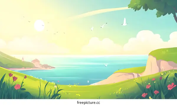Sunrise Over the Ocean with Cliffs and Flowers