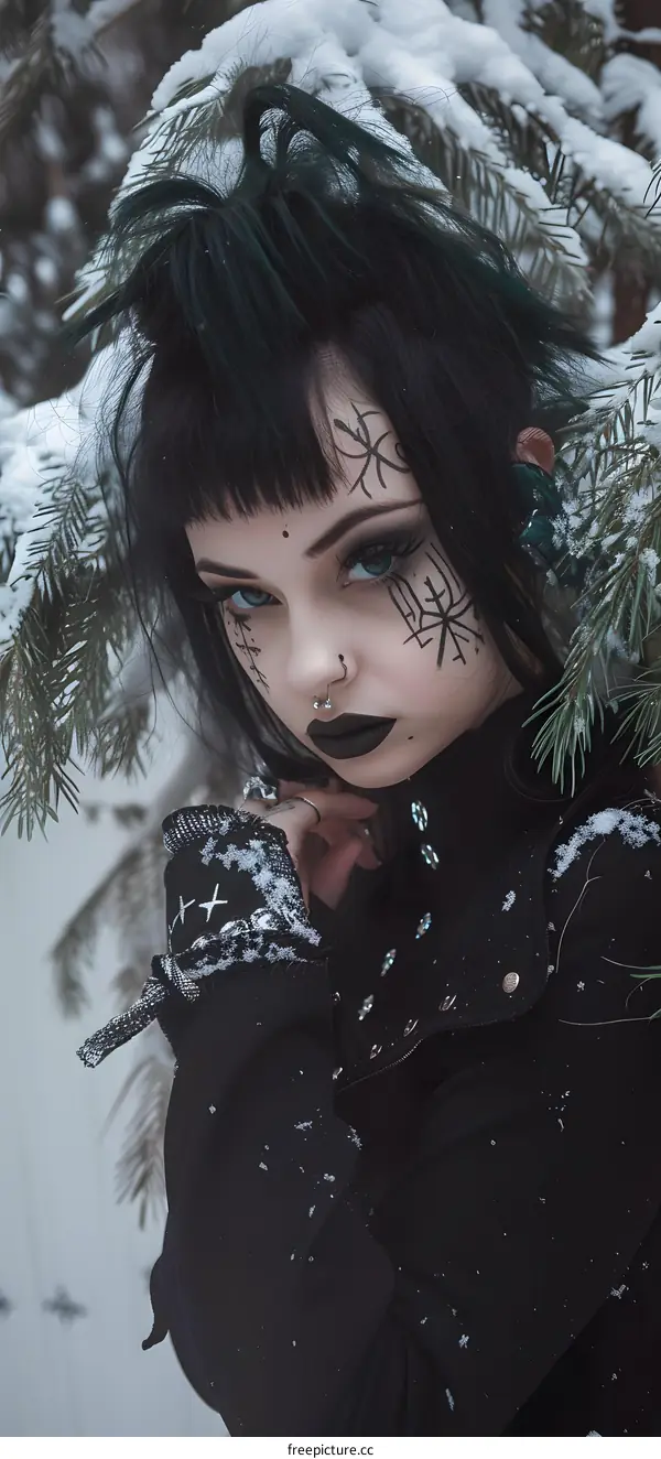 Gothic Woman in Winter Forest