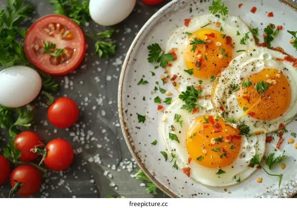 Three fried eggs on a plate with tomatoes and parsley