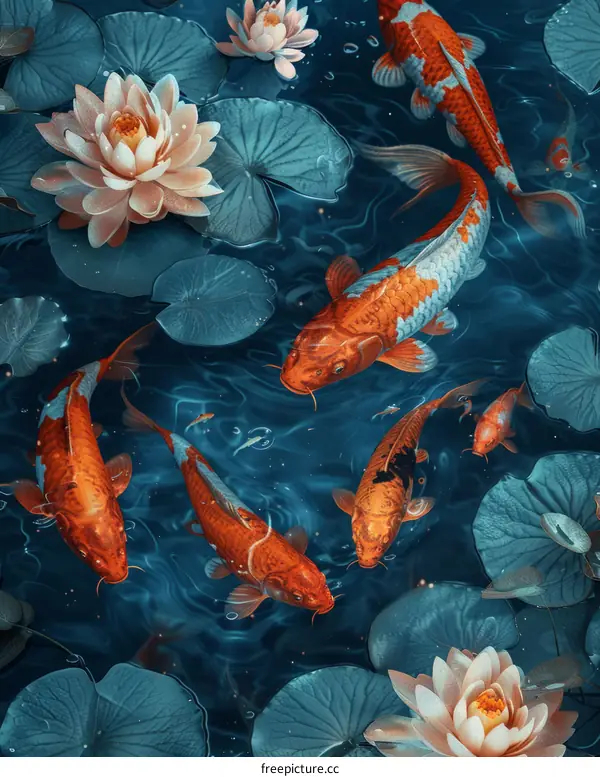 Colorful Koi Fish Swimming in a Pond with Water Lilies