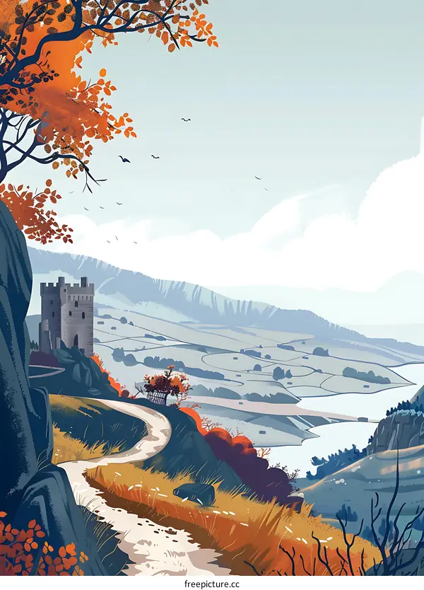 Autumn Landscape with Stone Tower and Winding Road